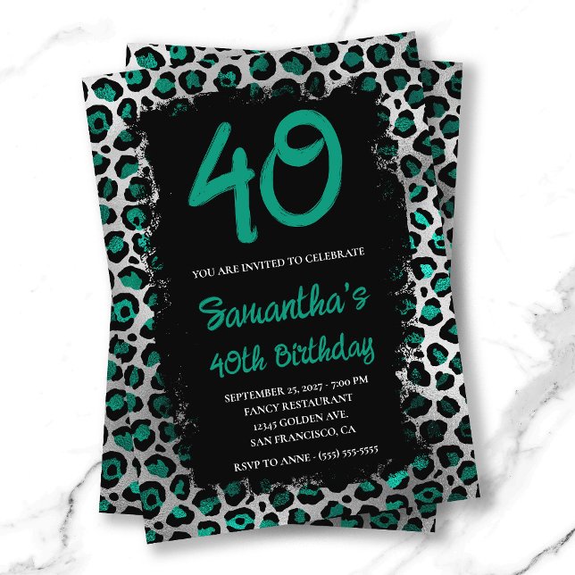 Convites Tigre Prateado Turquesa Pintado de Preto Aniversár (Teal Silver Leopard Painted Black 40th Birthday Invitation)
