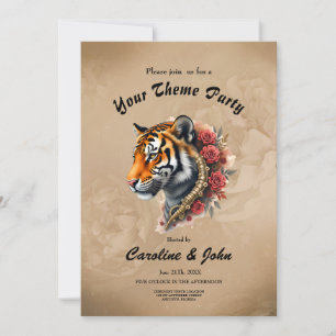 Convites Tigre Steampunk com Ilustração de Rosas.