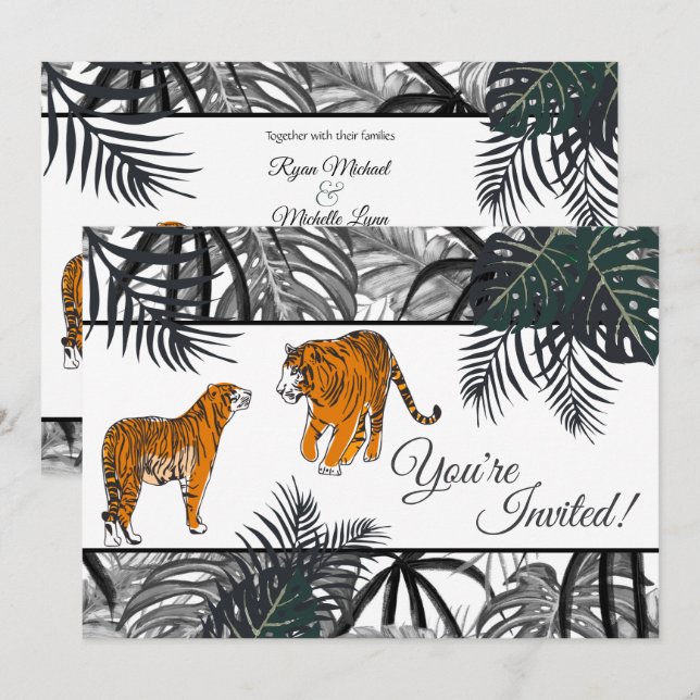 Convites Tigres e Palm Fronds Tropicais (Frente/Verso)