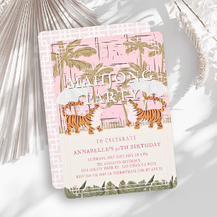 Convites Tigres Rugindo Chinoiserie Rosa Aniversário Mahjon