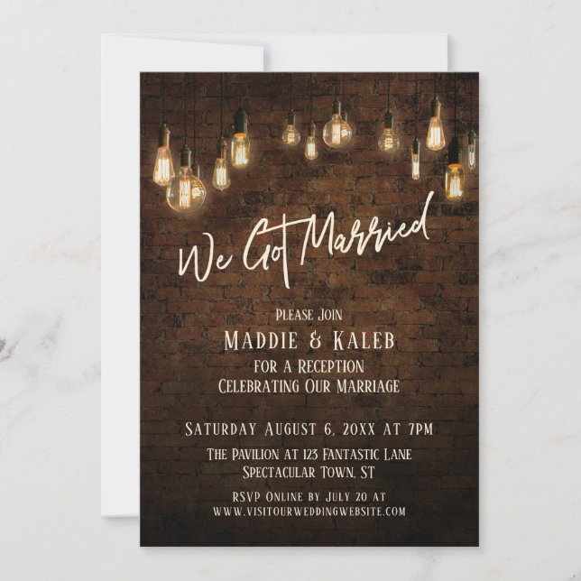 Convites Tijolo Industrial com Luzes de Edison Nós Casamos (Frente)