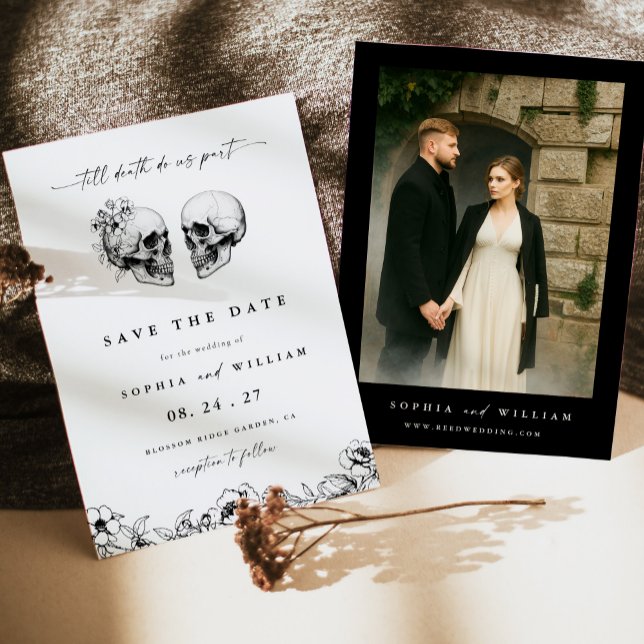 Convites Til Death Gothic Skull Foto Black Floral Casamento (Criador carregado)