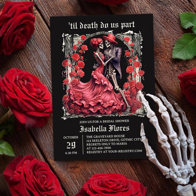 Convites Til Death Nos Part Skeleton Casal Chá de panela (Til Death Do Us Part romantic skeleton couple Bridal Shower Invitation by Darling & May)