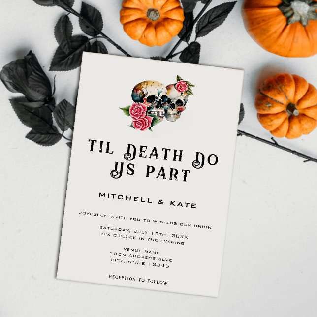 Convites Til Death Nos Part Skulls & Rosa White Wedding (Til Death Do Us Part Skulls & Roses White Wedding Invitation)