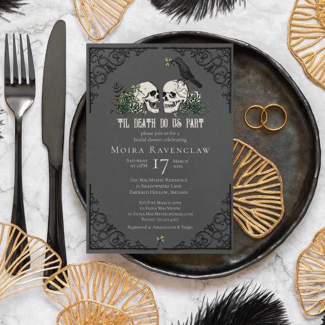 Convites Til Death Nos Parte Mr e Sra. Skulls Green Rosa (Irish Til Death Do Us Part Gothic Goth Bridal Shower Invitation. Hand Drawn Skull, Crow, Green Roses)