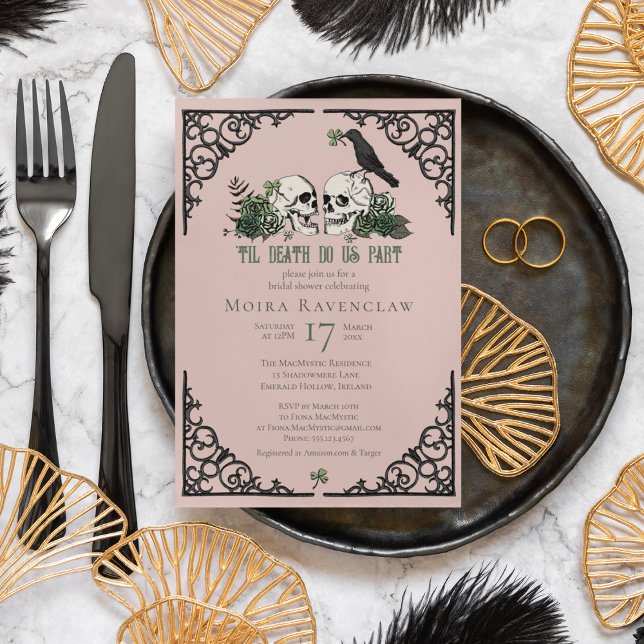 Convites Til Death Nos Parte Mr e Sra. Skulls Green Rosa (Irish Til Death Do Us Part Gothic Goth Bridal Shower Invitation. Hand Drawn Skull, Crow, Green Roses)