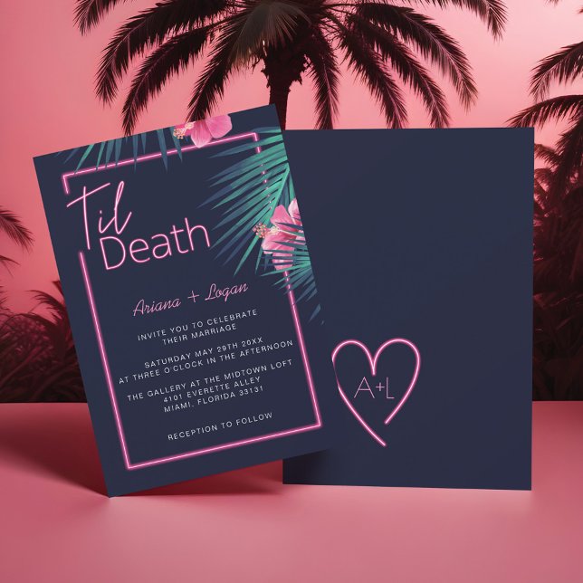 Convites Til Death Nos Parte Neon Pink Casamento Tropical (Til Death Do Us Part Neon Pink Tropical Wedding Invitation)