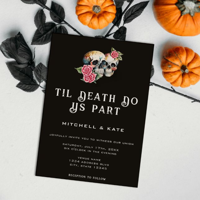 Convites Til Death Nos Parte Skulls & Rosa Black Wedding (Til Death Do Us Part Skulls & Roses Black Wedding Invitation)