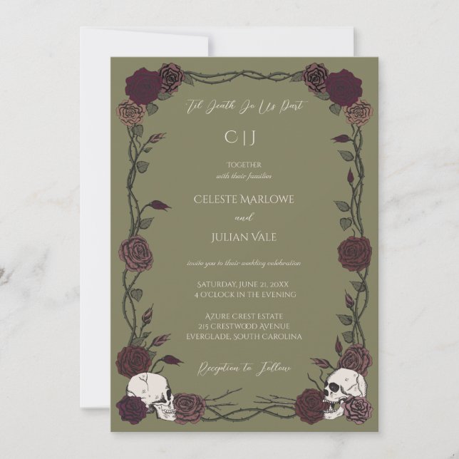 Convites Til Death Olive Green Gothic Rose Wedding (Frente)