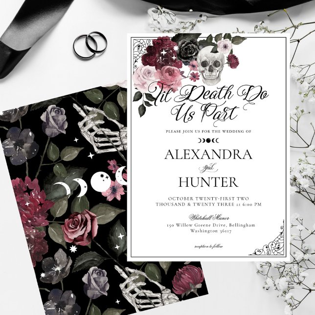 Convites Til Death Watercolor Rosa Gothic Weding Skull (Til Death Watercolor Skull Rose Gothic Wedding Invitation)