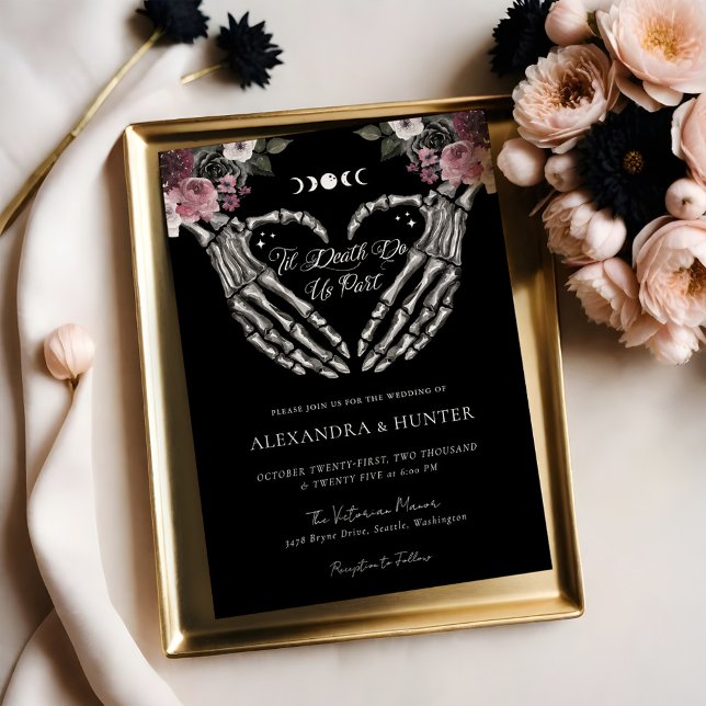 Convites Til Death Watercolor Skeleton Mãos Casamento Gótic (Til Death Watercolor Skeleton Hands Gothic Wedding Invitation (Front))