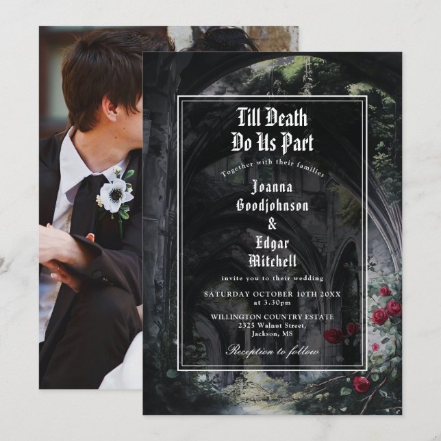 Convites Till Death Gothic Ruins Roses Floral Photo Wedding (Frente/Verso)