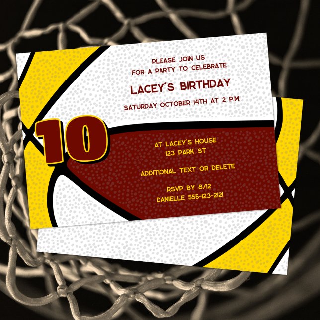 Convites time de ouro maroon colore aniversário de basquete (Criador carregado)