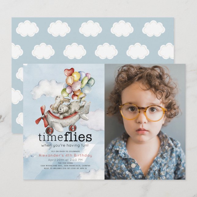 Convites Time Fly Airplane Bear Bunny Foto de Aniversário (Frente/Verso)