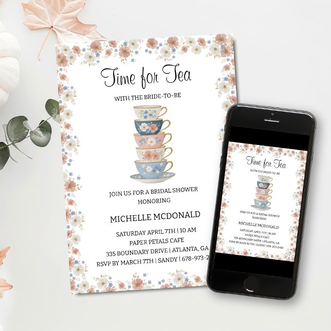 Convites Time for Tea Floral Bridal Shower Invitation (Criador carregado)