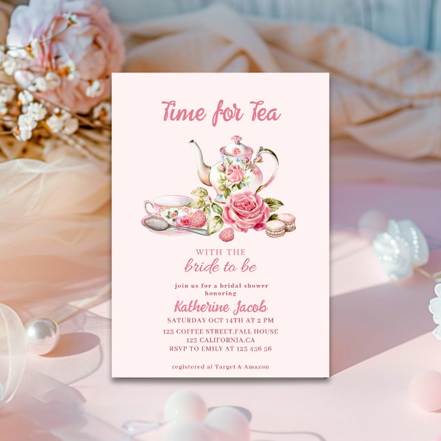 Convites Time for Tea Pink Floral Tea Party Bridal Shower  (Criador carregado)