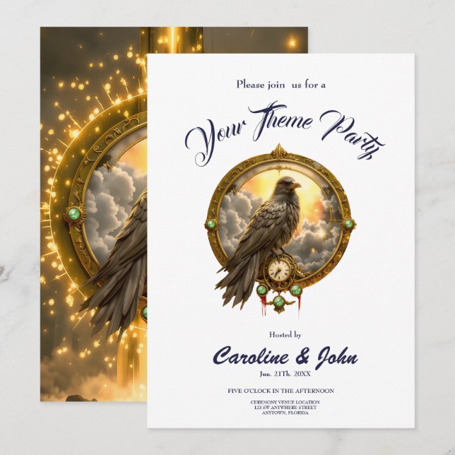 Convites Timekeeper Raven – Gothic Clockwork  (Frente/Verso)