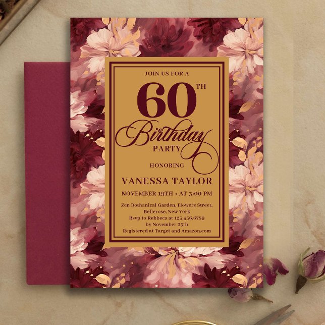Convites Timeless 60th Birthday Burgundy Gold Floral Invite (Timeless 60th Birthday Burgundy Gold Floral Invitation)