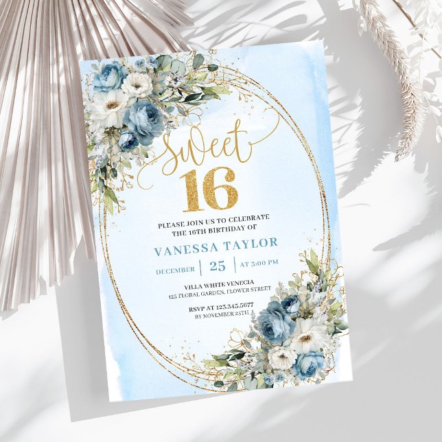 Convites Timeless Blue and White Floral Sweet Sixteen   (Timeless Blue and White Floral Sweet Sixteen Invitation)