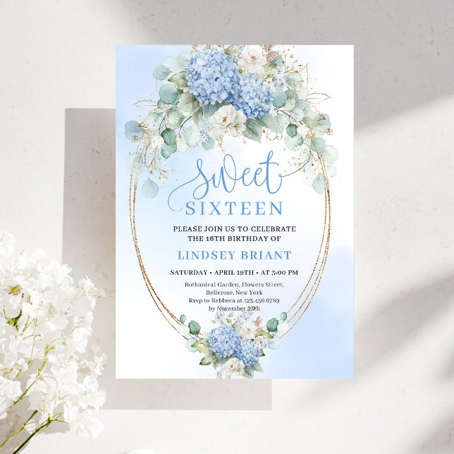 Convites Timeless Blue Floral Gold Sweet 16 Birthday Invite (Timeless Blue Floral Gold Sweet 16 Birthday Invite)