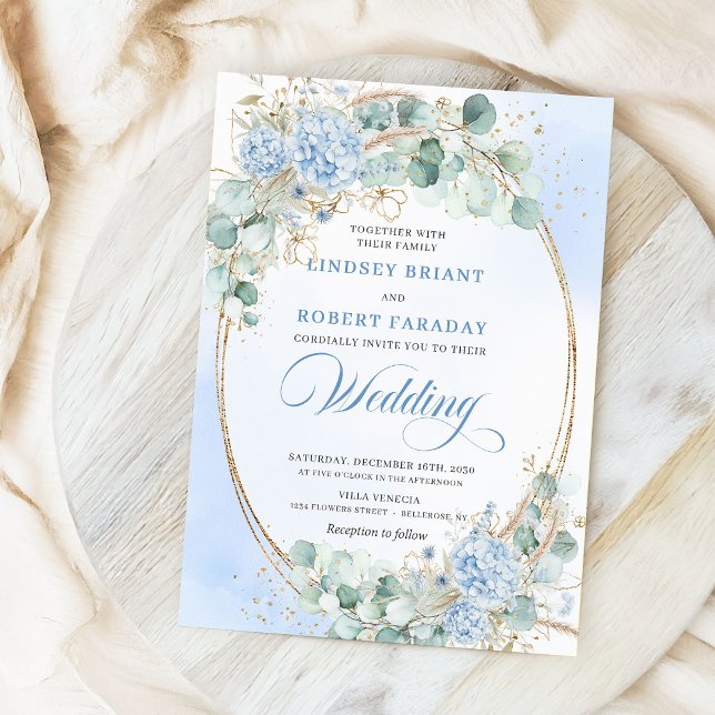 Convites Timeless Blue Hydrangea Eucalyptus Wedding Invite (Timeless Blue Hydrangea Eucalyptus Wedding Invitation)