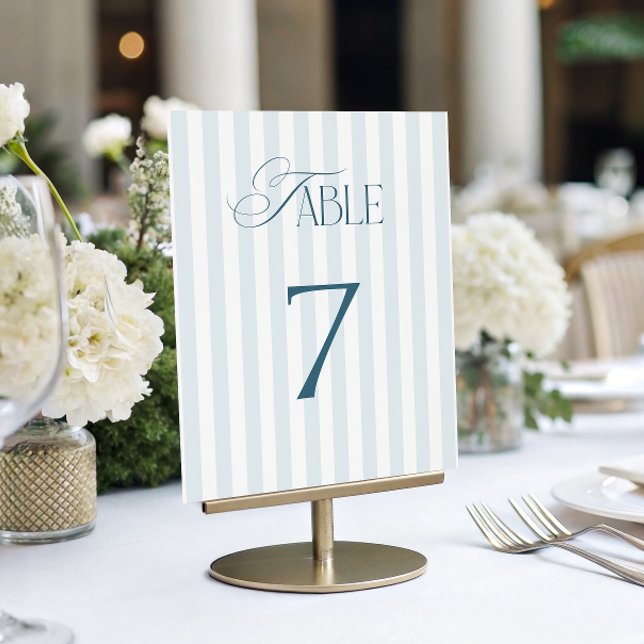 Convites Timeless Blue Stripes Wedding Table Number 7 Sign (Criador carregado)