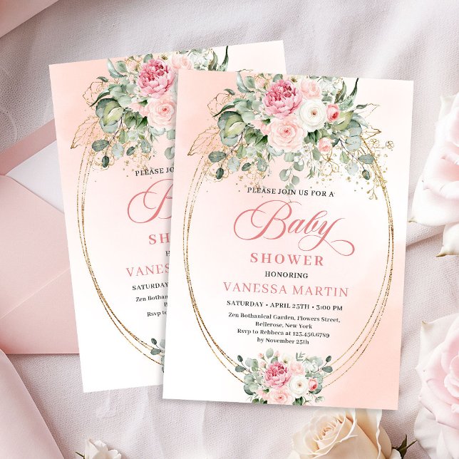 Convites Timeless Blush Floral Gold Girl Baby Shower Invite (Timeless Blush Floral Gold Girl Baby Shower Invite)