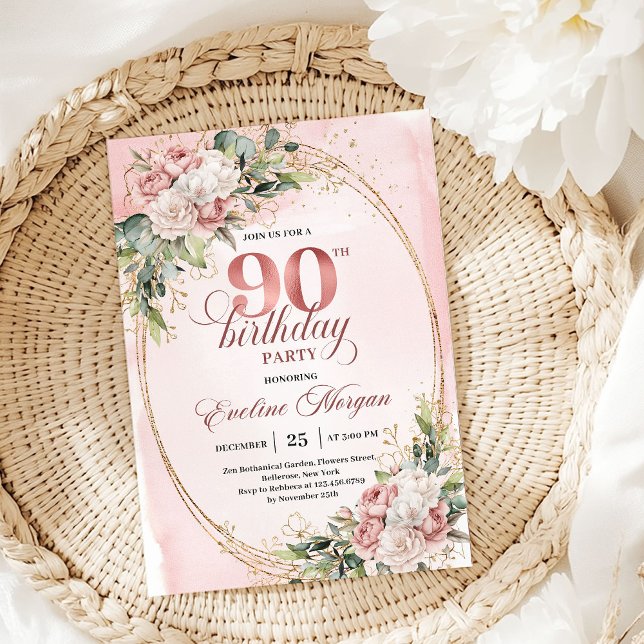 Convites Timeless Blush Pink Gold Greenery 90th Birthday  (Timeless Blush Pink Gold Greenery 90th Birthday Invite)