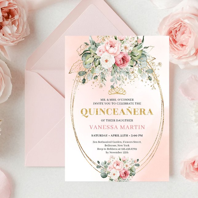 Convites Timeless Blush Roses Eucalyptus Quinceañera Invite (Timeless Blush Roses Eucalyptus Quinceañera Invitation)