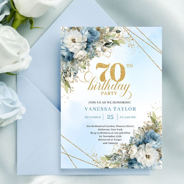 Convites Timeless bohemian blue florals gold 70th birthday  (Timeless bohemian blue florals gold 70th birthday invite

)