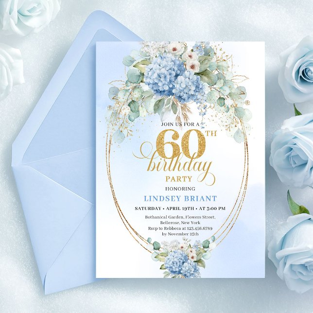 Convites Timeless Bohemian Light Blue Floral 60th Birthday (Timeless Bohemian Light Blue Floral 60th Birthday)