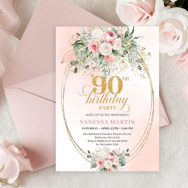 Convites Timeless Boho Blush Roses Gold 90th Birthday (Timeless Boho Blush Roses Gold 90th Birthday Invite)