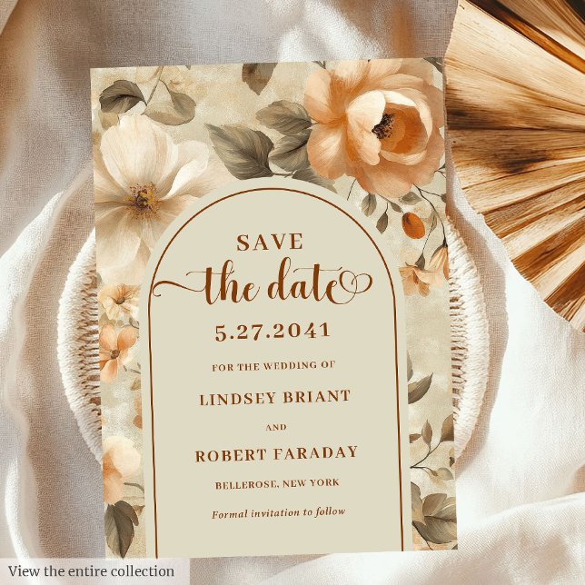 Convites Timeless Boho Copper Beige Floral Save The Date (Timeless Boho Copper Beige Floral Save The Date)