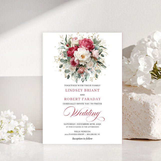 Convites Timeless Boho Crimson Red Blush Gold Wedding Invit (Timeless Boho Crimson Red Blush Gold Wedding Invitation)