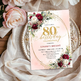 Convites Timeless Burgundy Boho Floral 80th Birthday Invite