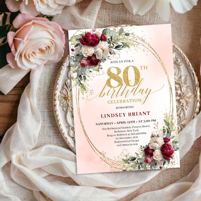 Convites Timeless Burgundy Floral Gold 80th Birthday Invite (Timeless Burgundy Floral Gold 80th Birthday Invite)