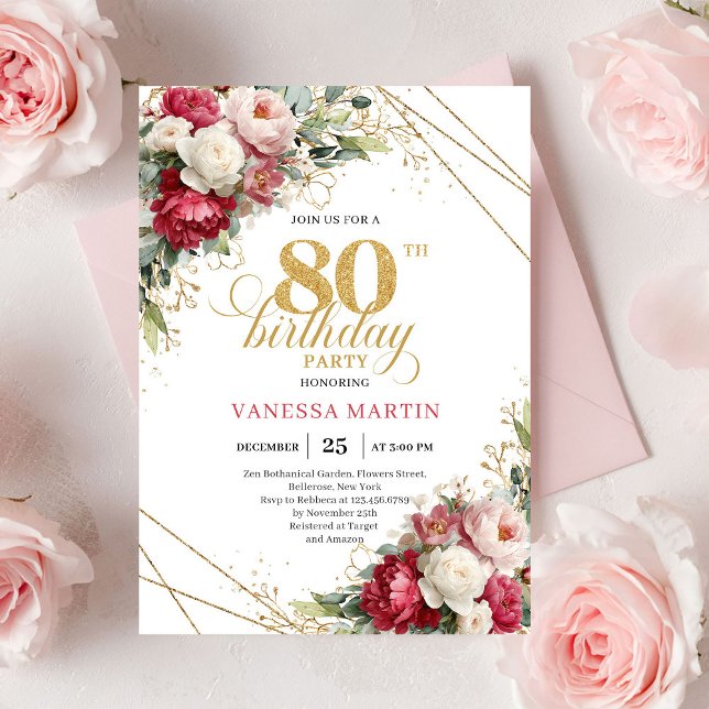 Convites Timeless Burgundy Red Gold 80th Birthday Invite (Timeless Burgundy Red Gold 80th Birthday Invite)
