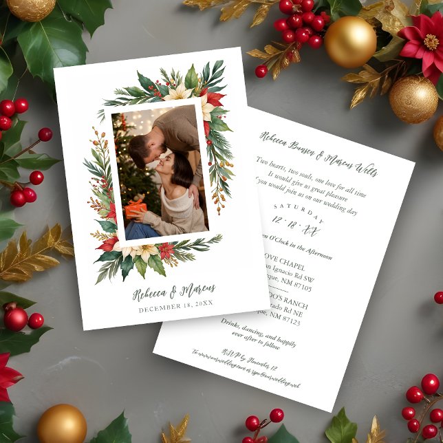 Convites Timeless Christmas Poinsettia Photo Wedding (Timeless Christmas Poinsettia Photo Wedding Invitation Card. )