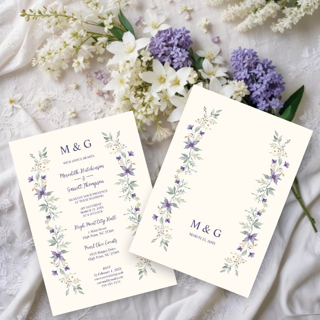 Convites Timeless Classic Purple Flowers Branches Wedding (Timeless Classic Purple Flowers & Branches Garlands Wedding Invitations Cards with Initials. )