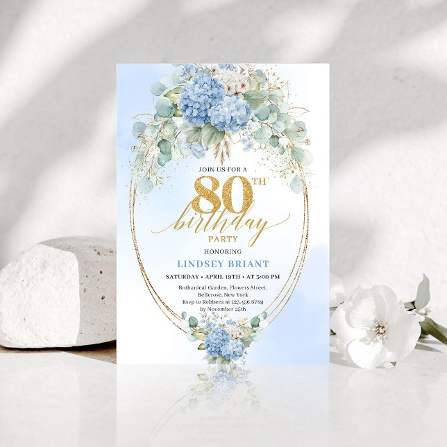 Convites Timeless Dusty Blue Floral 80th Birthday Invite (Timeless Dusty Blue Floral 80th Birthday Invite)