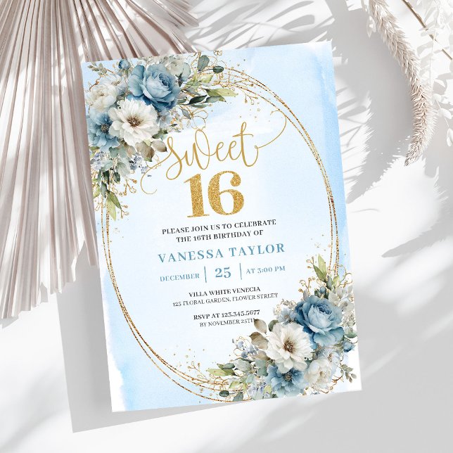 Convites Timeless Dusty Blue Floral Gold Sweet Sixteen  (Timeless Dusty Blue Floral Gold Sweet Sixteen Invite)