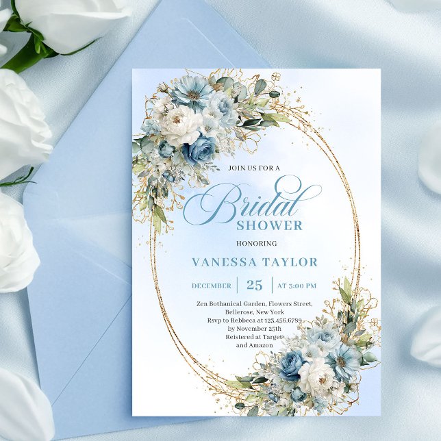 Convites Timeless Dusty Blue Floral Script Bridal Shower  (Timeless Dusty Blue Floral Script Bridal Shower Invitation)