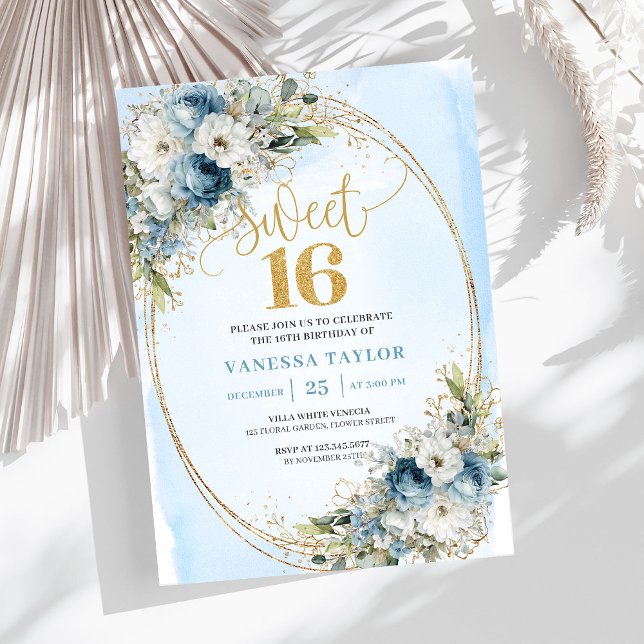 Convites Timeless Dusty Blue Floral Sweet 16th Birthday  (Timeless Dusty Blue Floral Sweet 16th Birthday Invite)