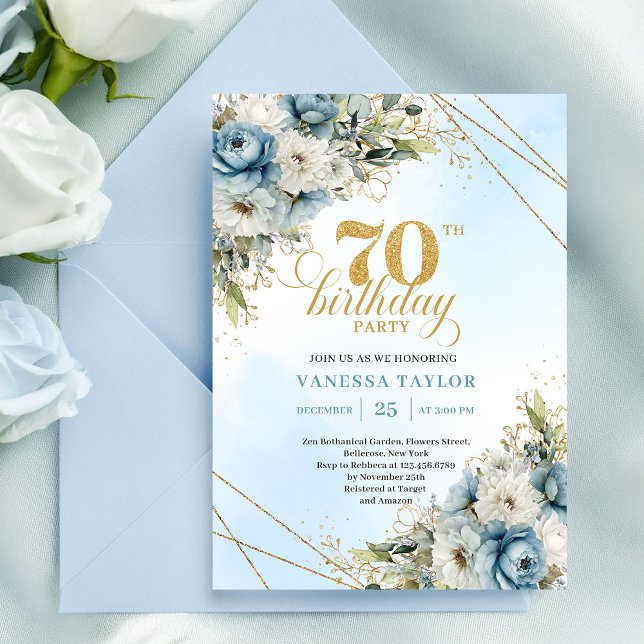 Convites Timeless dusty blue florals gold frame 70 birthday (Timeless dusty blue florals gold frame 70th birthday

)