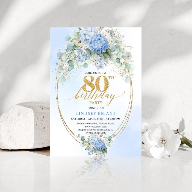 Convites Timeless Dusty Blue Gold 80th Birthday Invite (Timeless Dusty Blue Gold 80th Birthday Invite)