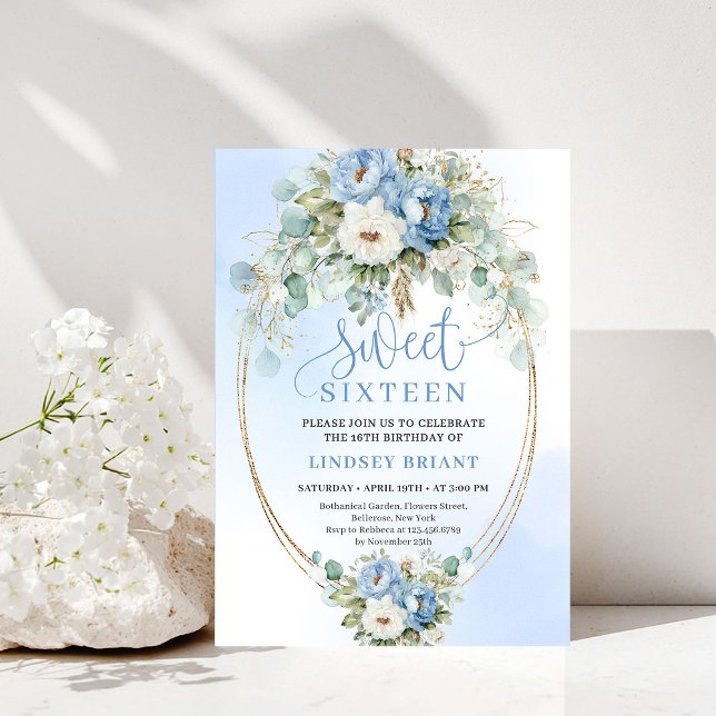 Convites Timeless Dusty Blue Peony Gold Sweet 16 Birthday  (Timeless Dusty Blue Peony Gold Sweet 16 Birthday Invite)