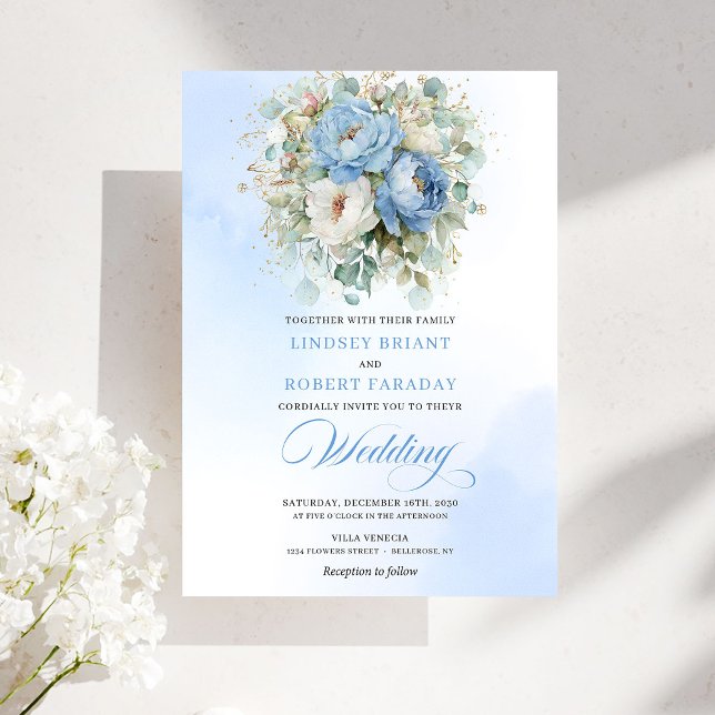 Convites Timeless Dusty Blue White Flowers Gold Wedding (Timeless Dusty Blue White Flowers Gold Wedding)