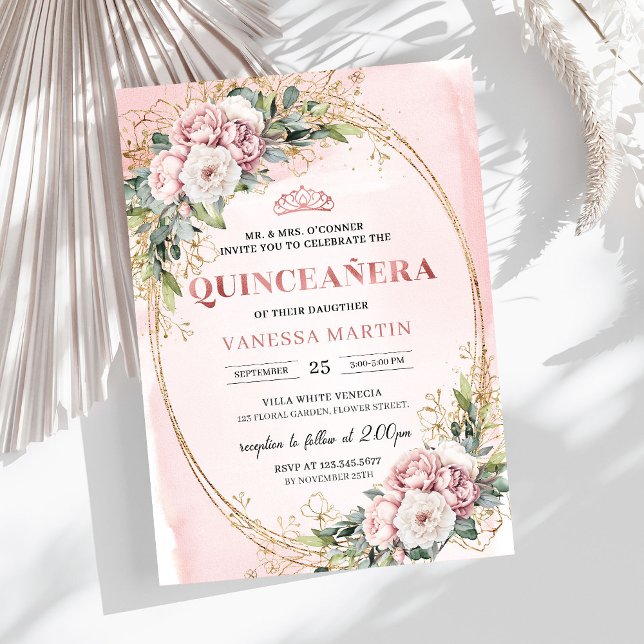 Convites Timeless Dusty Pink Floral Greenery Quinceañera  (Timeless Dusty Pink Floral Greenery Quinceañera Invitation

)