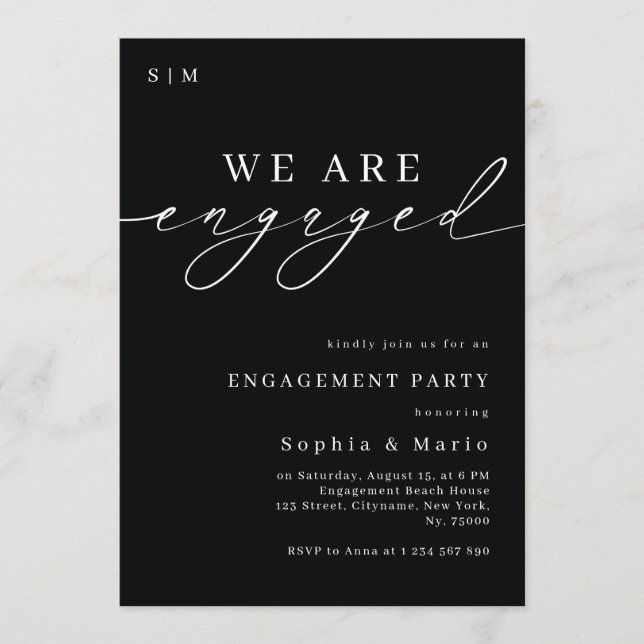 Convites Timeless Elegant Monogram Black Engagement Party (Frente)