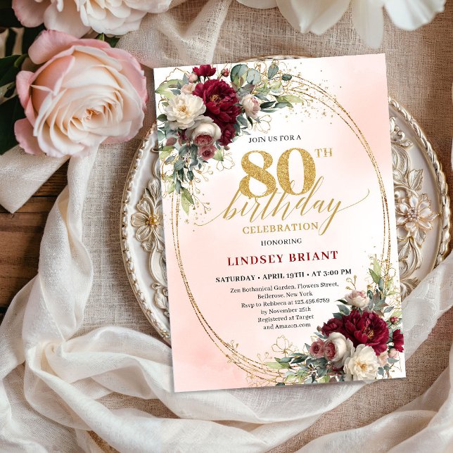 Convites Timeless Floral Gold 80th Birthday Celebration  (Timeless Floral Gold 80th Birthday Celebration Invite)